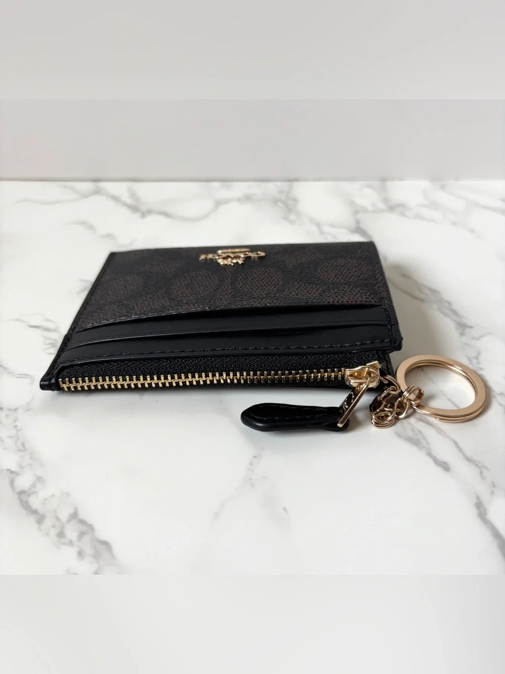 Coach Skinny Mini Id Card Case Keychain Wallet Walnut Black